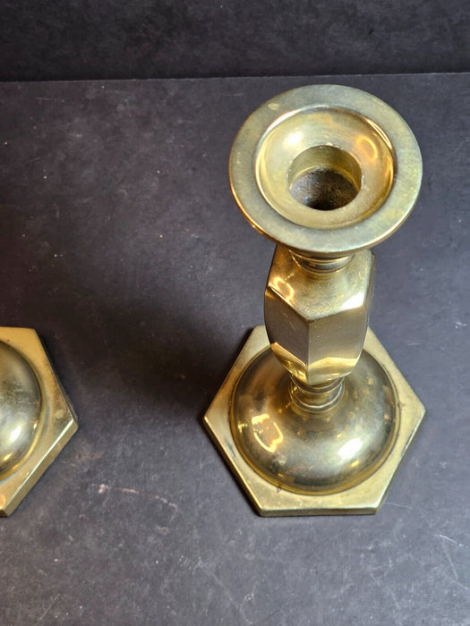 Title: 1960s/70s Brass Candlestick Pair: A Blend of Geometry and Craftsmanship, Antiques, David's Antiques and Oddities