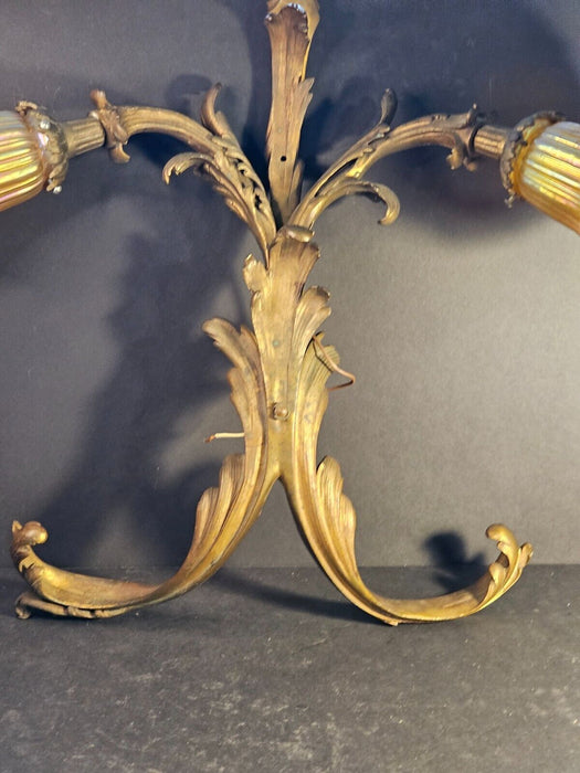 Wired wall light /cast brass 31" x18" iridescent glass/very impressive electric, Antiques, David's Antiques and Oddities