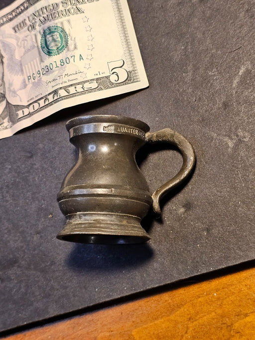 Pewter Measure/late 1800s/ 2" /hallmarked/1/4 Gill/ dark patina, Antiques, David's Antiques and Oddities