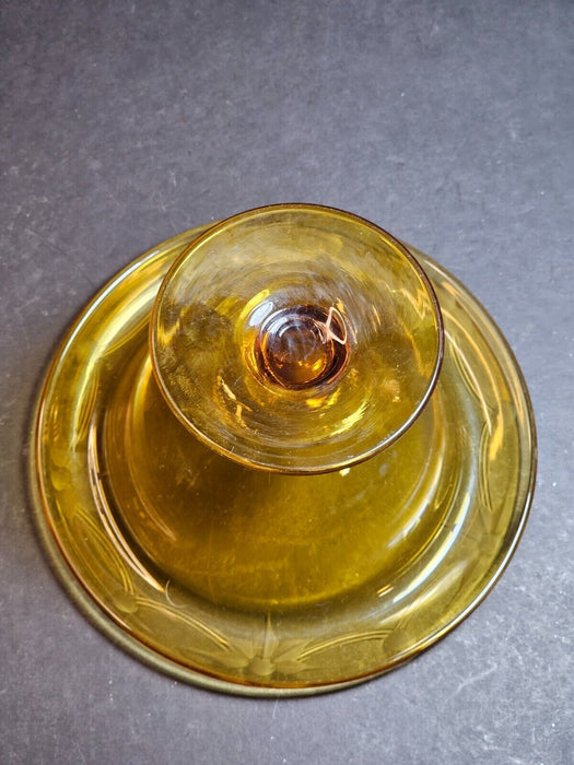 Amber etched compote 6.5 wx3.75 high, floral with line etching., Antiques, David's Antiques and Oddities