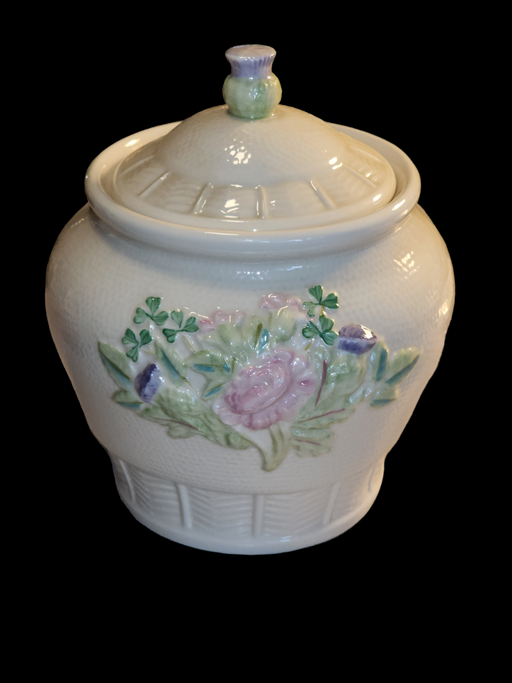 Belleek Brown Label Apothecary Jar - 7" High, 6" Wide with Delicate flowers, Antiques, David's Antiques and Oddities