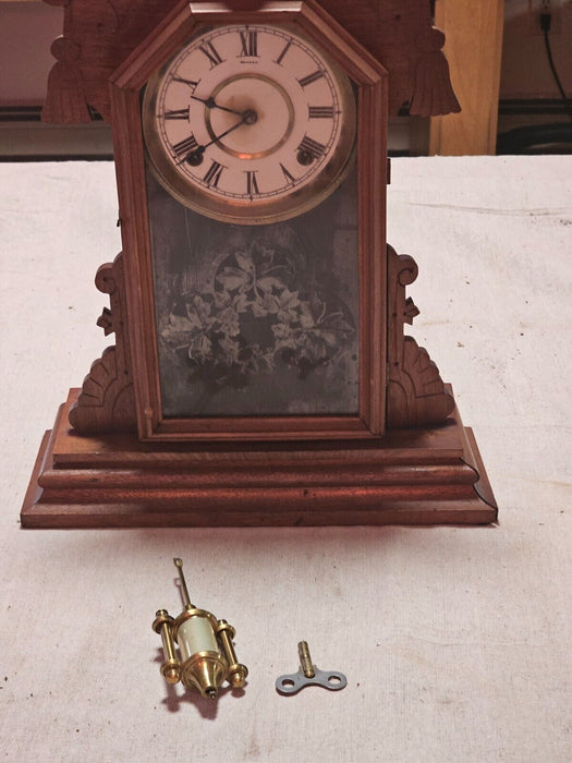 Ansonia walnut clock 20 x 15 as found/key and pendulum, Antiques, David's Antiques and Oddities