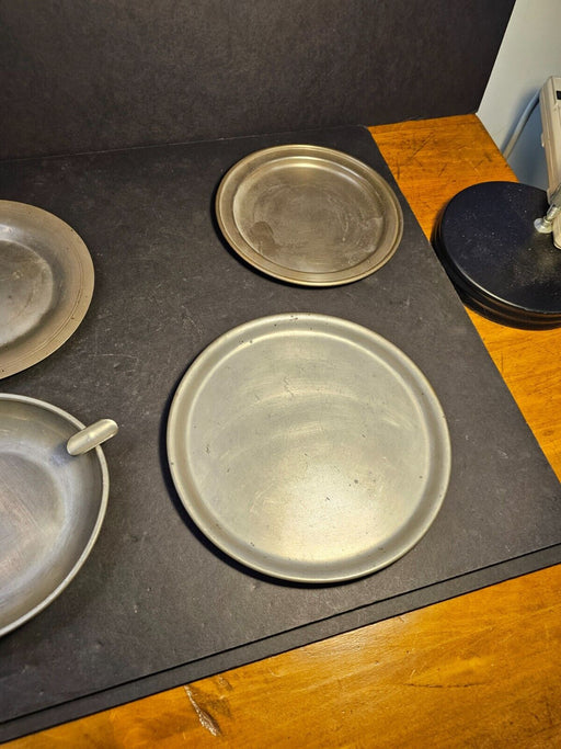 4 pieces of pewter Plates/8"/2@7"/ and 6" ash tray price for the lot., Antiques, David's Antiques and Oddities