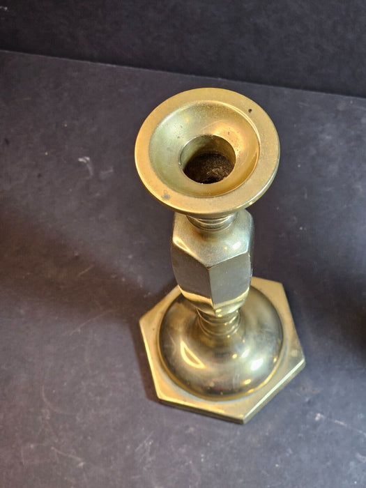 Title: 1960s/70s Brass Candlestick Pair: A Blend of Geometry and Craftsmanship, Antiques, David's Antiques and Oddities