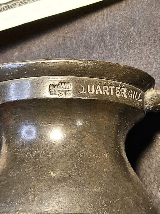 Pewter Measure/late 1800s/ 2" /hallmarked/1/4 Gill/ dark patina, Antiques, David's Antiques and Oddities