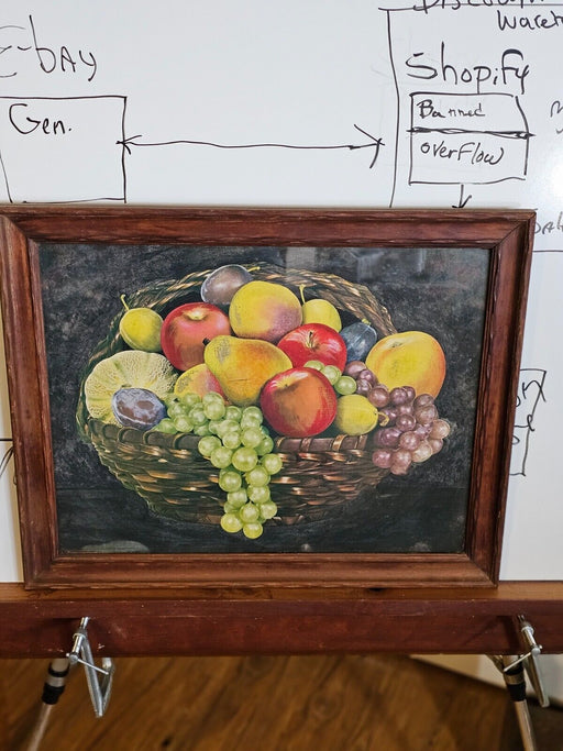 Canvas framed fruit 16 x21 Fruit Basket image. wood frame with glass, Antiques, David's Antiques and Oddities