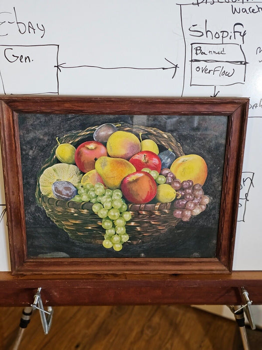 Canvas framed fruit 16 x21 Fruit Basket image. wood frame with glass, Antiques, David's Antiques and Oddities