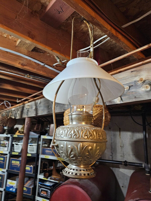 Beautiful country store light. 24" from  base to top of chimneys Brass/milkglass, Antiques, David's Antiques and Oddities