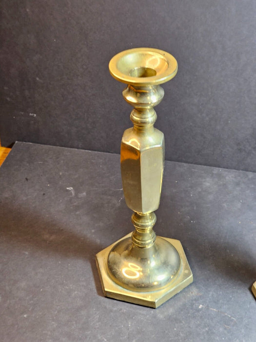 Title: 1960s/70s Brass Candlestick Pair: A Blend of Geometry and Craftsmanship, Antiques, David's Antiques and Oddities