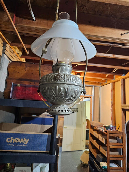 Beautiful country store light. 24" from  base to top of chimneys Brass/milkglass, Antiques, David's Antiques and Oddities