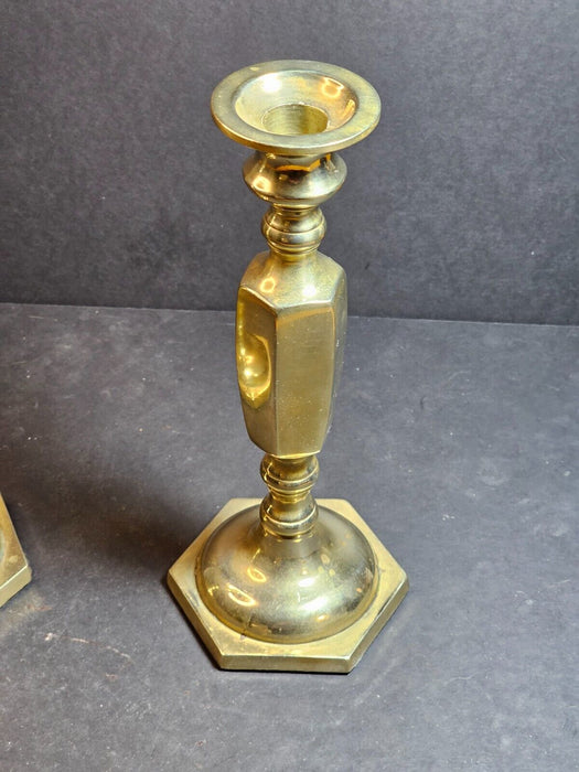 Title: 1960s/70s Brass Candlestick Pair: A Blend of Geometry and Craftsmanship, Antiques, David's Antiques and Oddities