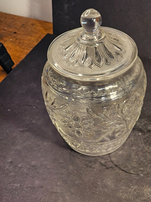 Pressed glass cookie jar/1920s/ perfect shape embossed floral pattern, Antiques, David's Antiques and Oddities