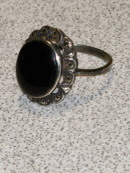 Vintage Marcasite and Black Onyx Oval Sterling Silver Ring, Size 8.25, Antiques, David's Antiques and Oddities
