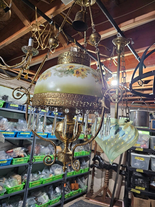 Parts light /1960s/ was burnished and ruined/see splits/has all prism's/floral, Antiques, David's Antiques and Oddities