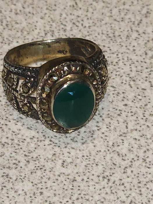 Green Onyx and Marcasite Sterling Silver Ring - German Import, Size 4.75 (1980)