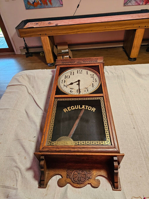 Ingraham regulator clock/36 x16 x5/time only/pen and key/ sat for 20 yrs., Antiques, David's Antiques and Oddities