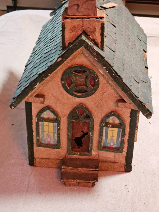 Wooden church/primitive 12 x17 /7 cardboard village houses/1930s as found, Antiques, David's Antiques and Oddities