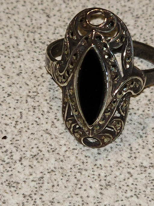 Vintage Marcasite and Black Onyx Sterling Silver Ring, Size 8.75, Imported from, Antiques, David's Antiques and Oddities