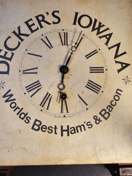 New Haven advertising clock with Deckers Iowa hams clock runs and stops no key