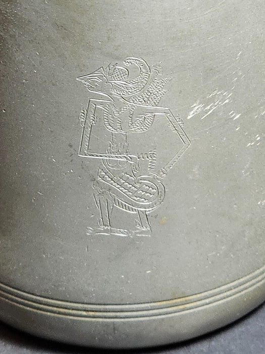 Barkannwerk Pewter Mug 4x4.5 with Engraved Stylized Figure - Weight: 20 oz, Antiques, David's Antiques and Oddities