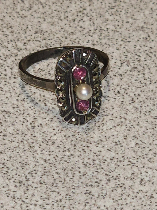 Vintage Cultured Pearl and Marcasite Sterling Silver Ring - German Import 1980, Antiques, David's Antiques and Oddities
