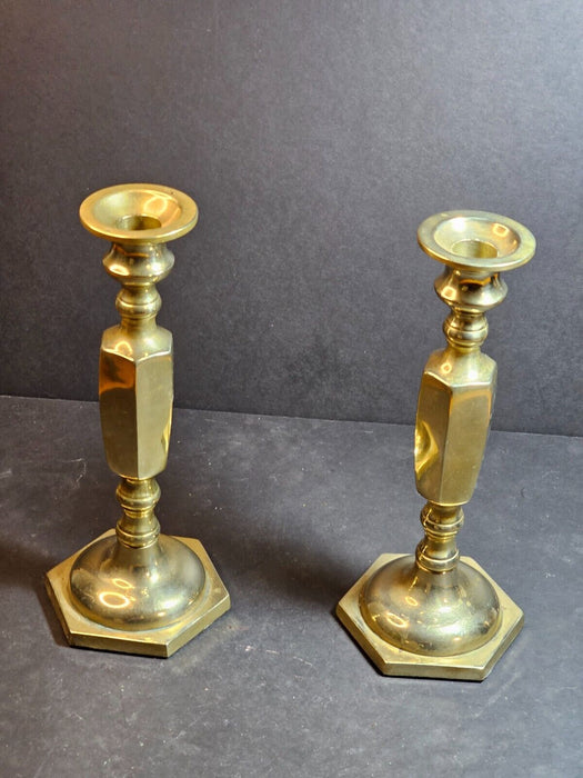 Title: 1960s/70s Brass Candlestick Pair: A Blend of Geometry and Craftsmanship, Antiques, David's Antiques and Oddities