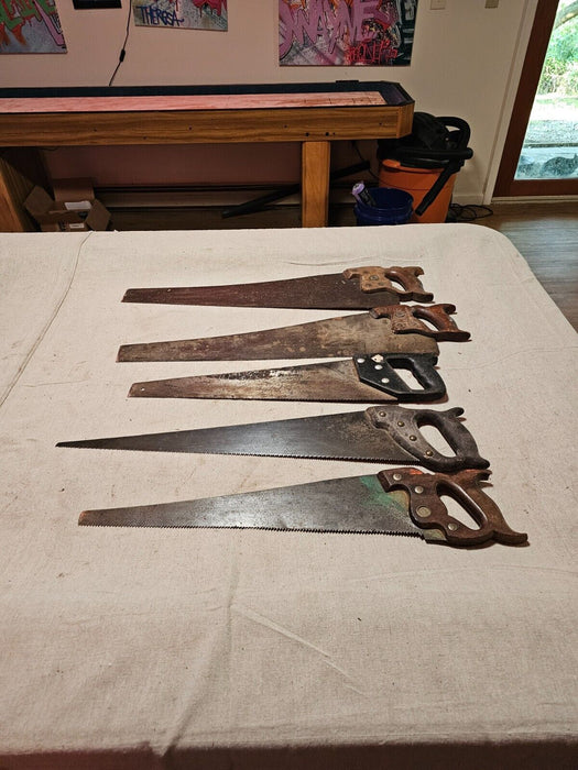 Old school hand saws total of 5 various ages/ great primitive look/, Antiques, David's Antiques and Oddities