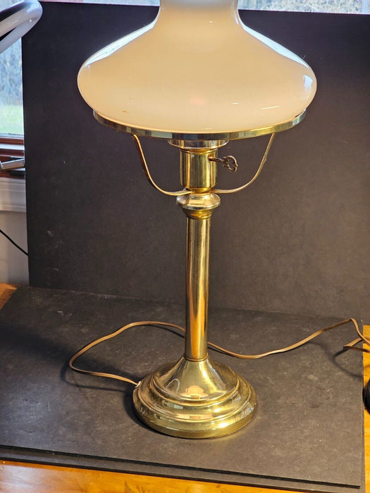 Student style light 1970s 21" tall brass great globe and chimney  Works, Antiques, David's Antiques and Oddities