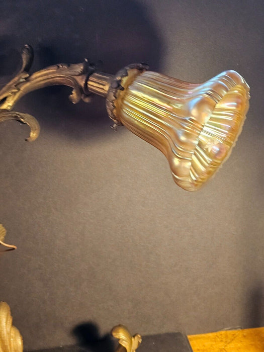 Wired wall light /cast brass 31" x18" iridescent glass/very impressive electric, Antiques, David's Antiques and Oddities