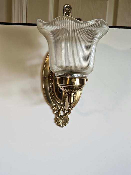 1970s heavy brass quality made wall sconce/holophane shape/ nice, Antiques, David's Antiques and Oddities