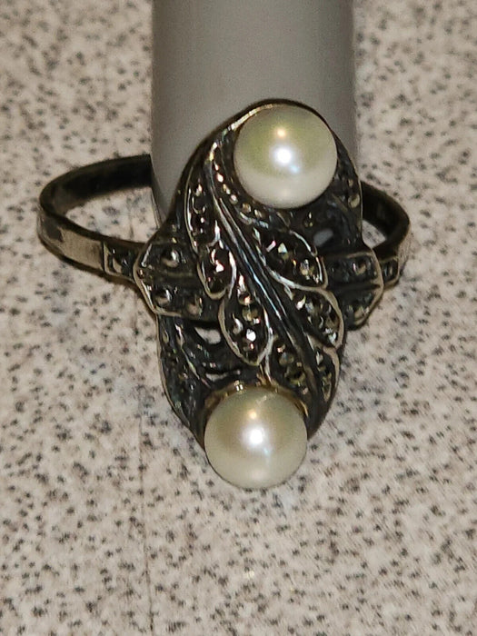 Vintage Marcasite and Cultured Pearls Sterling Silver Ring, Size 7.5, Antiques, David's Antiques and Oddities