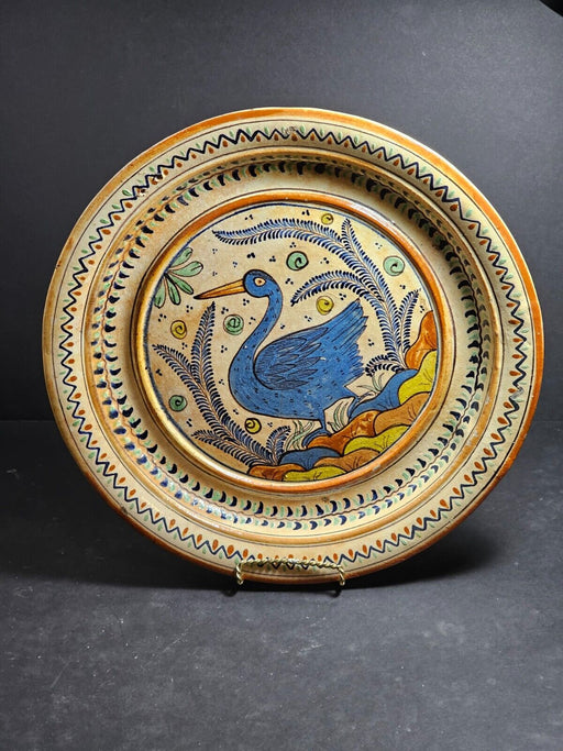 Terracotta type plate colorful bird and foliage 13' diameter has holes to hang, Antiques, David's Antiques and Oddities