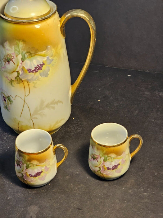 Otto Grunert German choclate set/perfect/ 8" pot/3 "cup 1900s floral, Antiques, David's Antiques and Oddities