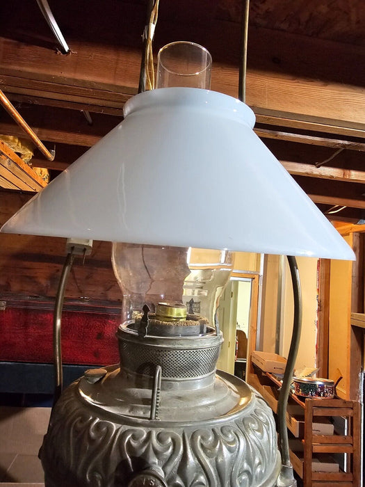 Beautiful country store light. 24" from  base to top of chimneys Brass/milkglass, Antiques, David's Antiques and Oddities