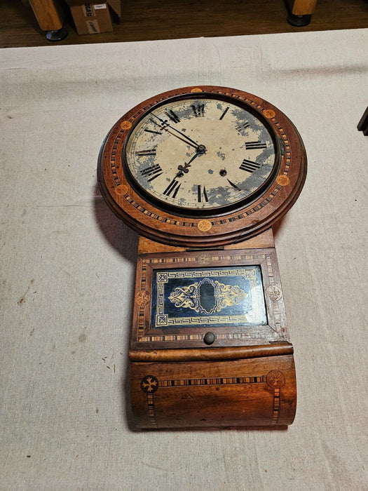 Awesome inlaid clock/28x10 /pendulum and key/front glass gone/superior clock co., Antiques, David's Antiques and Oddities