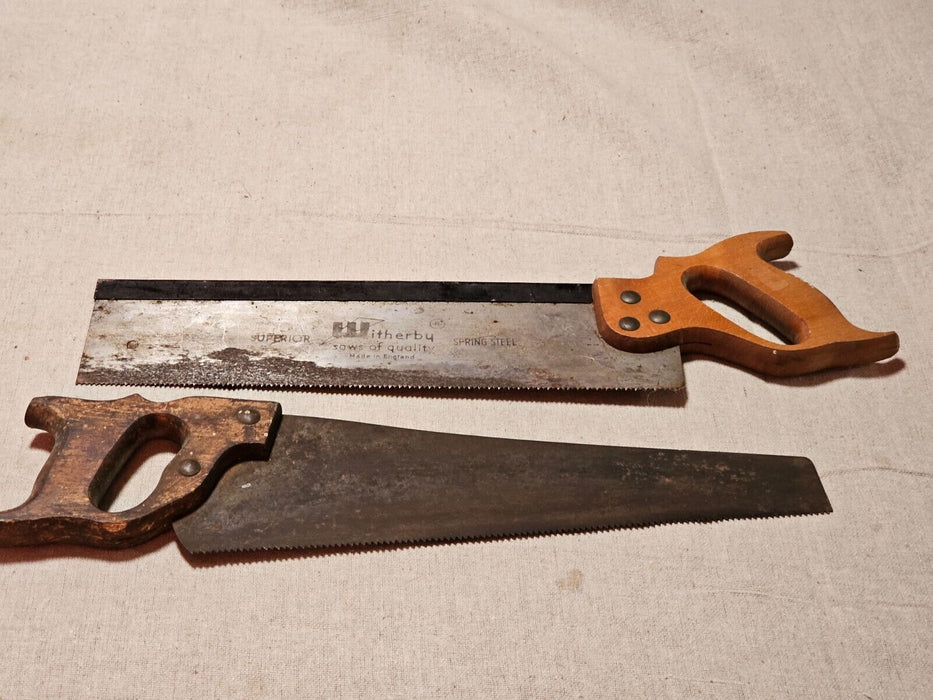 2 early saws 14 " /1  handsaw 1 box saw for miter box/Box saw Witherby England