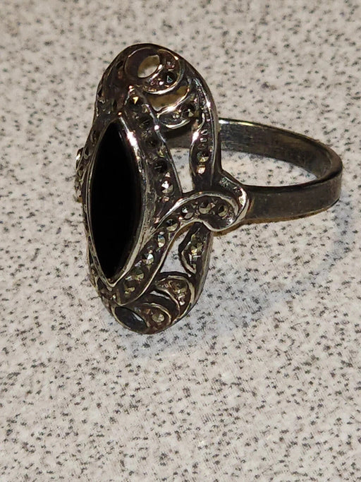 Vintage Marcasite and Black Onyx Sterling Silver Ring, Size 8.75, Imported from, Antiques, David's Antiques and Oddities
