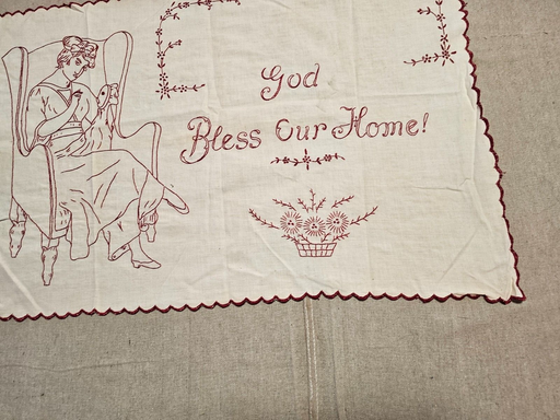 1930s/40s needle work 20 x30 Bless Our Home. Red and off white, Antiques, David's Antiques and Oddities