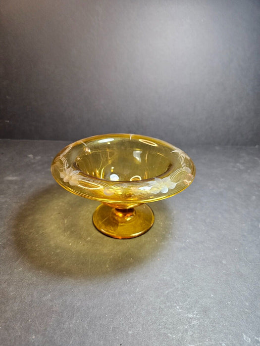 Amber etched compote 6.5 wx3.75 high, floral with line etching., Antiques, David's Antiques and Oddities