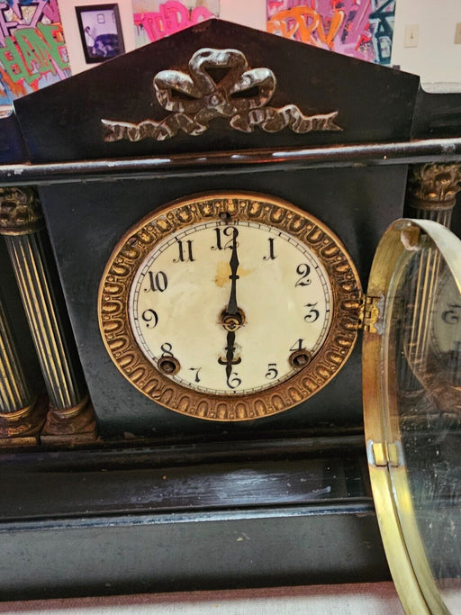 ansonia mantel clock cast iron romanesque design time and chime/ sitting 20 yrs/, Antiques, David's Antiques and Oddities