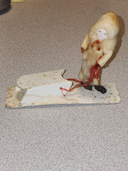 Paper mache Japan Sled and figure cardboard and cotton. 1930's 4x4, Antiques, David's Antiques and Oddities