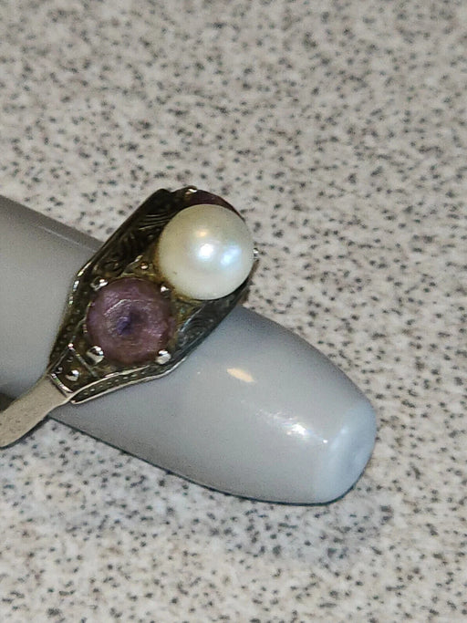 Vintage Marcasite, Cultured Pearl, and Amethyst Sterling Silver Ring, Size 6.25, Antiques, David's Antiques and Oddities