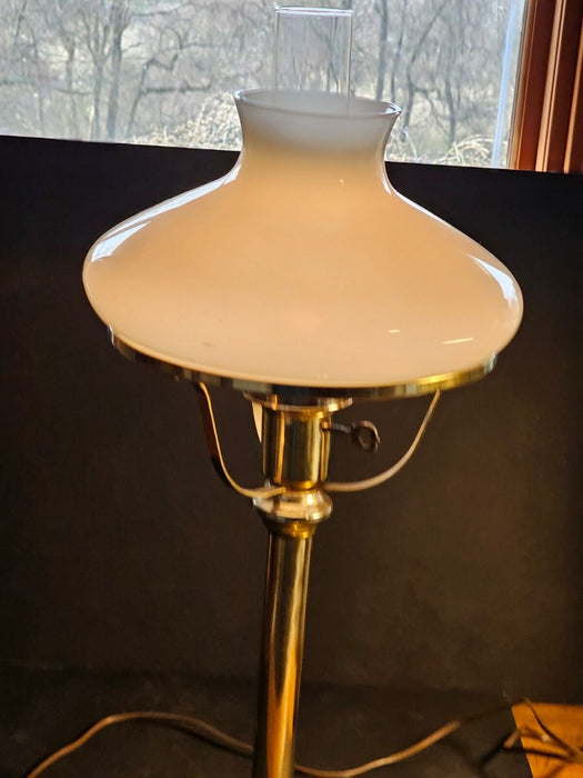 Student style light 1970s 21" tall brass great globe and chimney  Works, Antiques, David's Antiques and Oddities