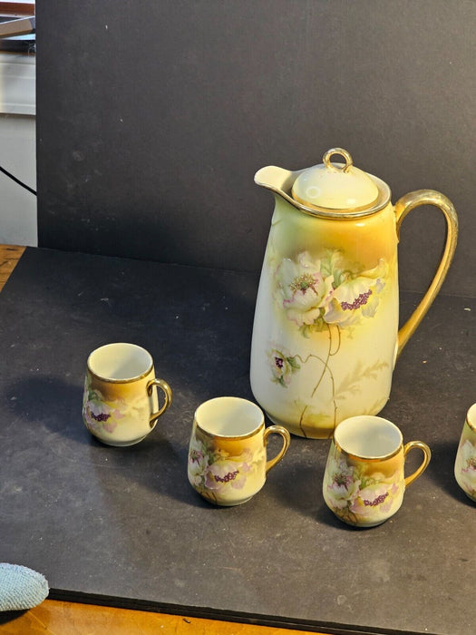 Otto Grunert German choclate set/perfect/ 8" pot/3 "cup 1900s floral, Antiques, David's Antiques and Oddities