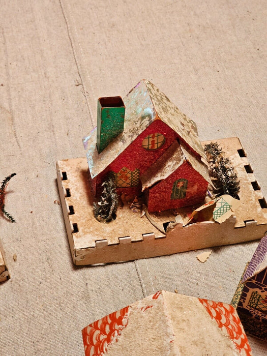 Wooden church/primitive 12 x17 /7 cardboard village houses/1930s as found, Antiques, David's Antiques and Oddities