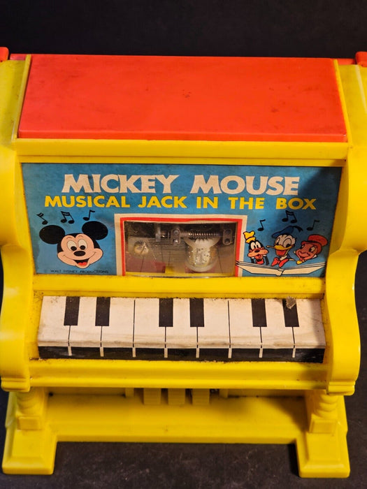 Mickey Mouse jack in the box/ Kohner 1973/ plays nick Kack paddy wak/  7x7, Antiques, David's Antiques and Oddities