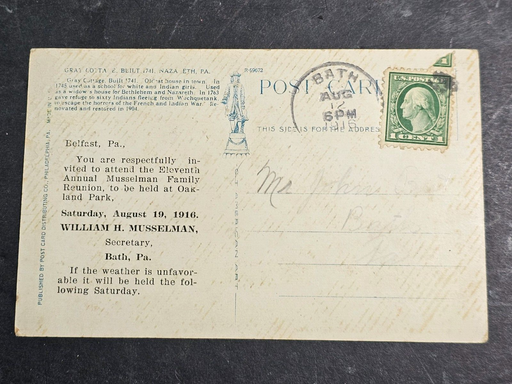 Nazareth pa Post card 1916 gray cottage Invitation to the Mosselman family reuni, Antiques, David's Antiques and Oddities