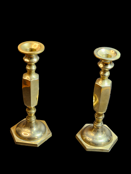 Title: 1960s/70s Brass Candlestick Pair: A Blend of Geometry and Craftsmanship, Antiques, David's Antiques and Oddities