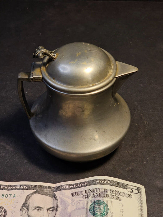 Pewter syrup/ early 1900s /unmarked /lidded and hinged great primitive form., Antiques, David's Antiques and Oddities