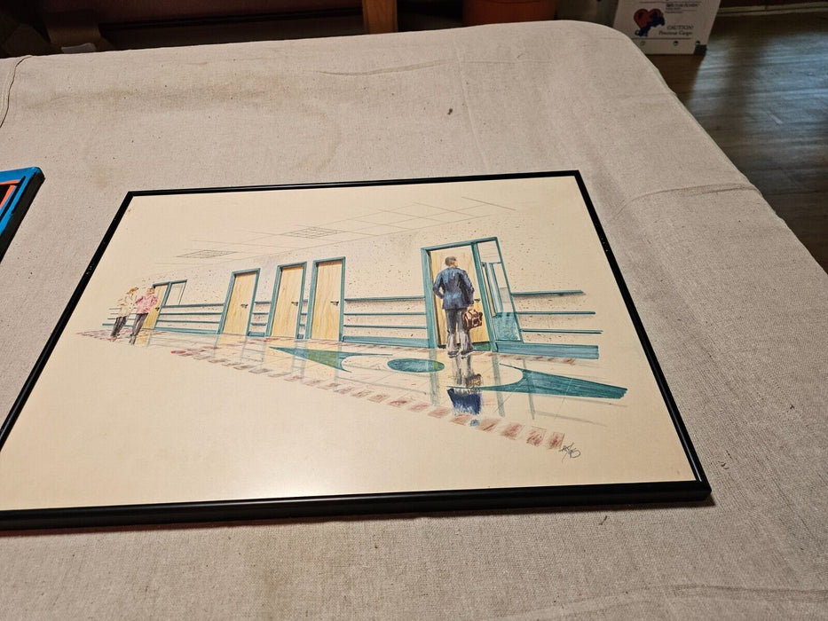 MID CENTURY MODERN ARTIST SIGNED PERSPECTIVE WATER COLOR OF OFFICE INTERIOR